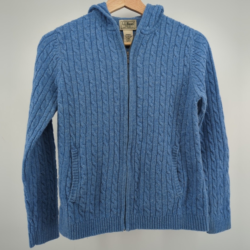 L.L. Bean Lambswool Hooded Sweater Womens Small Cable Knit Zip Hoodie‎ Fisherman